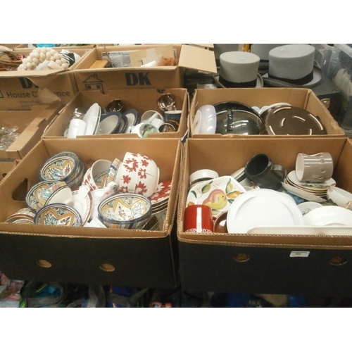 350 - Four boxes inc crockery, Denby pottery, slow cooker, mugs, etc