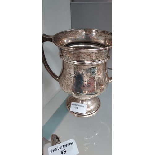 40 - Large silver hallmarked double handled trophy with inscription weight 330G c.1930