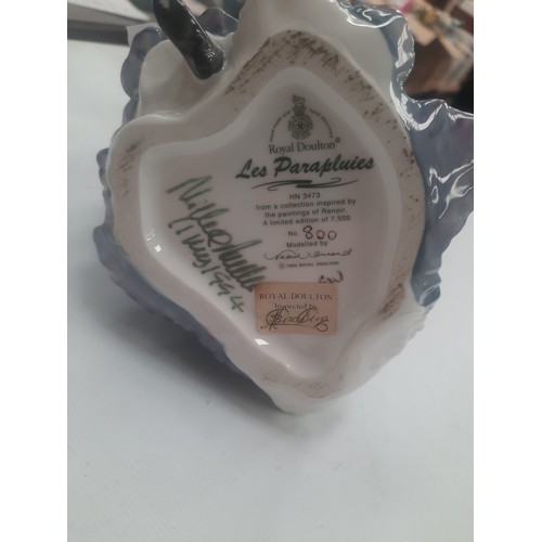 397 - Royal Doulton 1993 Les Parapluies figurine with signature to the bottom has a small chip on dress se... 