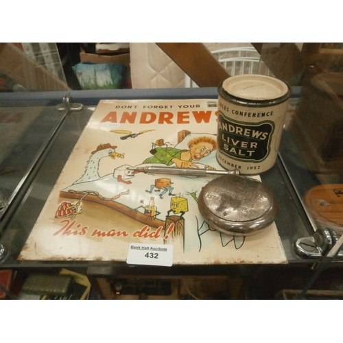 432 - Lot inc vintage Dont Forget your Andrews sign, Andrews Liver salt tin, pen and snuff case