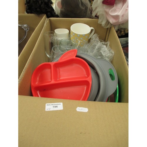 196 - Three boxes and bag inc glassware, pans, fryer, food storage tubs, etc