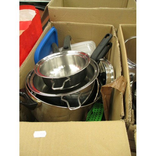 196 - Three boxes and bag inc glassware, pans, fryer, food storage tubs, etc