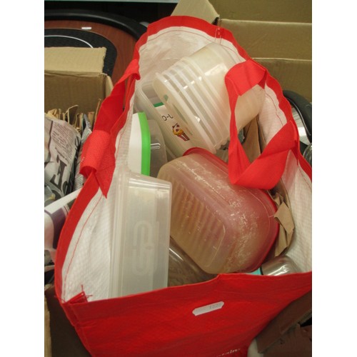 196 - Three boxes and bag inc glassware, pans, fryer, food storage tubs, etc