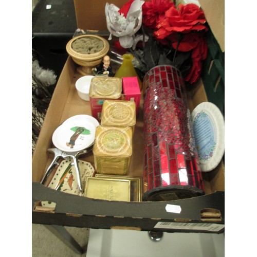 198 - Three boxes inc crockery, ornamental balls, vase, teas, etc