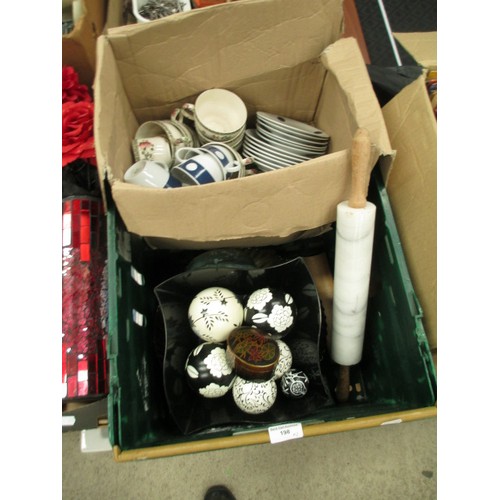 198 - Three boxes inc crockery, ornamental balls, vase, teas, etc