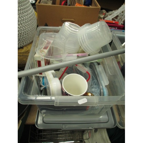 219 - Lot inc extension sockets, kitchen utensils, woven baskets, plastic food storage tubs, etc