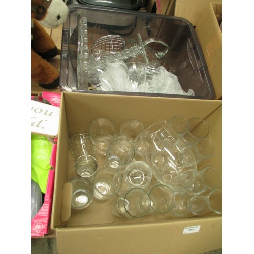 264 - Four boxes inc glassware, ornaments, plant pots, vases, etc