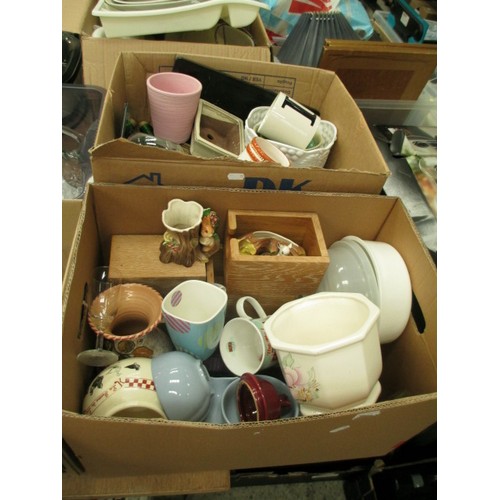 264 - Four boxes inc glassware, ornaments, plant pots, vases, etc