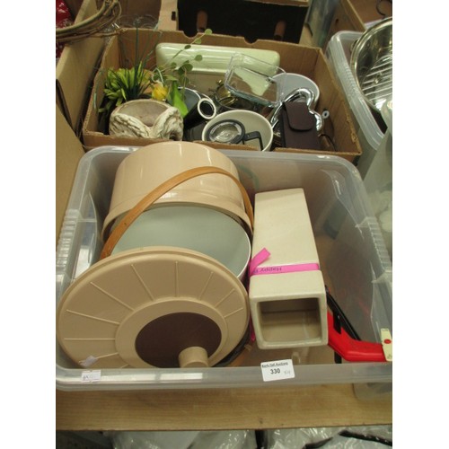 330 - Four boxes inc kitchen gadgets, lamp, plant pots, photo albums, etc