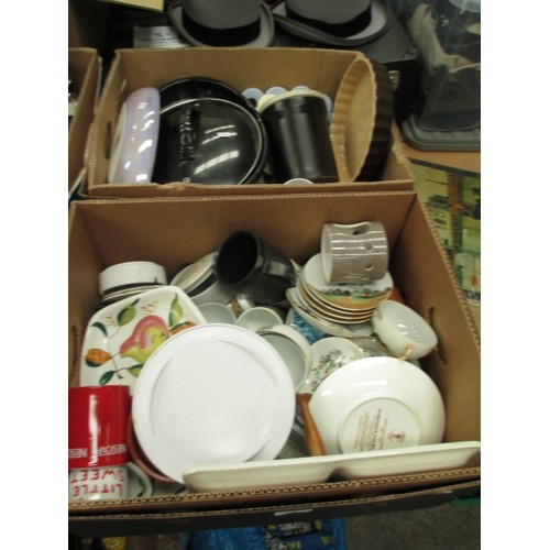 350 - Four boxes inc crockery, Denby pottery, slow cooker, mugs, etc