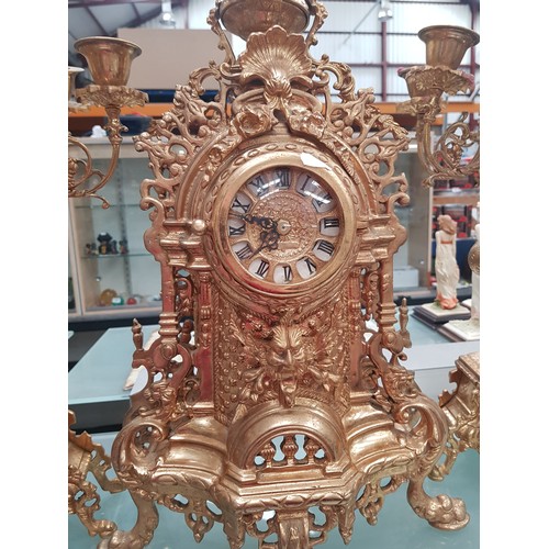 500 - Antique heavy brass garniture clock set ( Clock Changed to Quartz ) with matching candelabras, all 2... 