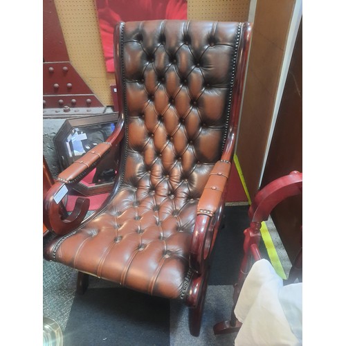 707 - Brown leather chesterfield buttoned slipper chair in very good condition