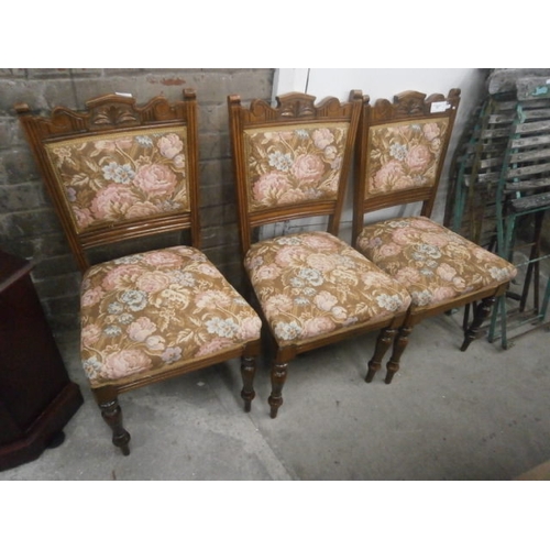 668 - Set of 3 x vintage carved dining chairs with upholstered seats and backs