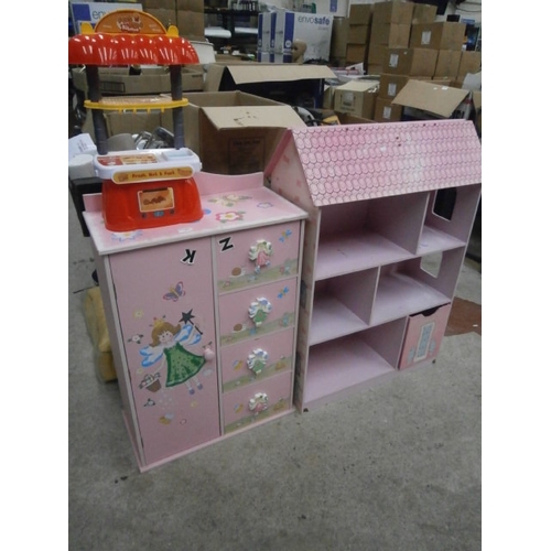 122 - Lot inc large wooden dolls house, kids storage cabinet, etc