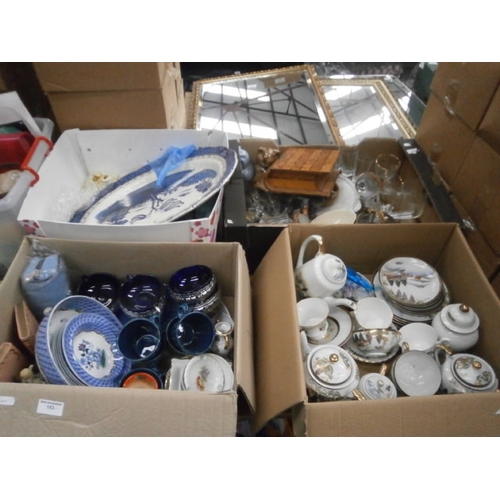 153 - Four boxes inc Spode crockery, large blue & white meat platter, Japanese tea set, glassware, ornamen... 