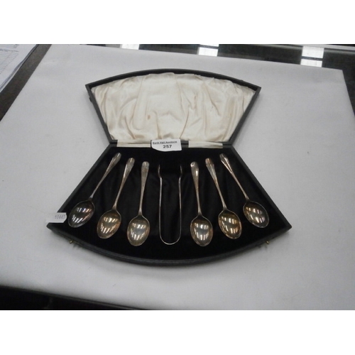 257 - Canteen of silver hallmarked spoons and sugar tong