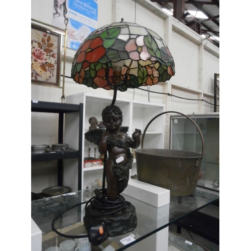 376 - Ornate cherub figure and glass lampshade table lamp