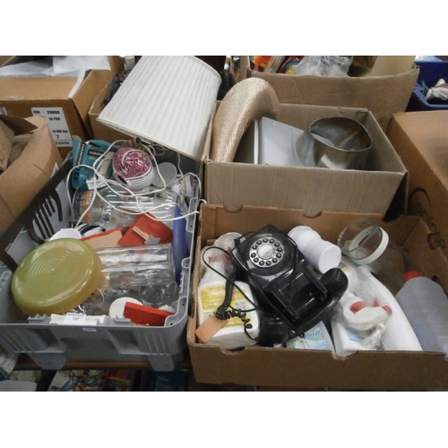 137 - Three boxes including lamp, retro type phone, glassware, cleaning chemicals etc0