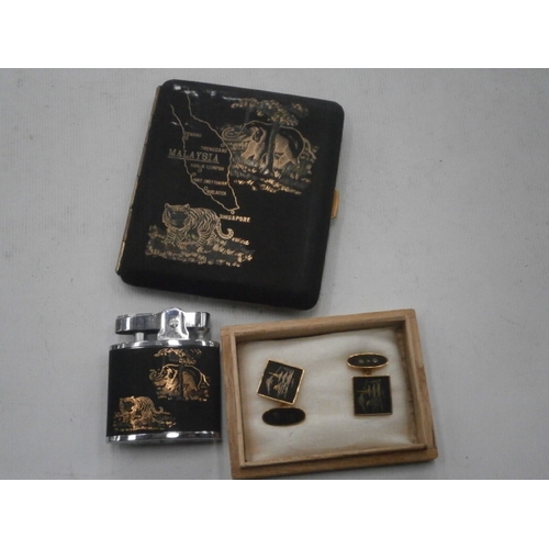 231 - Malaysian inlaid cigarette case , lighter & cuff links