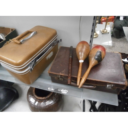 339 - A small vintage Samsonite travel case, a small vintage suitcase, a flute and a pair of maracas