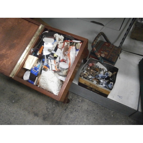 372 - Vintage stool/sewing box with contents, a small sewing box and a box of buttons