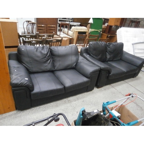 680 - 2 black faux leather 2 setter settees one has some cracking to seat