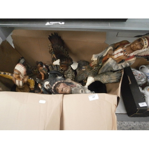 397 - Box of native American figurines, some damaged parts