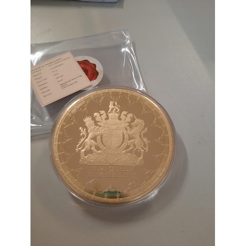 236 - Gold giants supreme governor of the church of England gold plated coin 100mm diameter