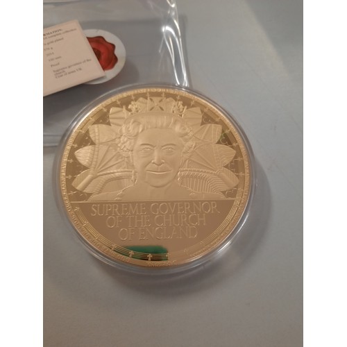 236 - Gold giants supreme governor of the church of England gold plated coin 100mm diameter