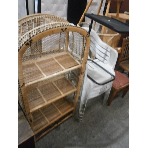 631 - 6 x items including 4 x plastic garden chairs and a small wicker shelf/display stand