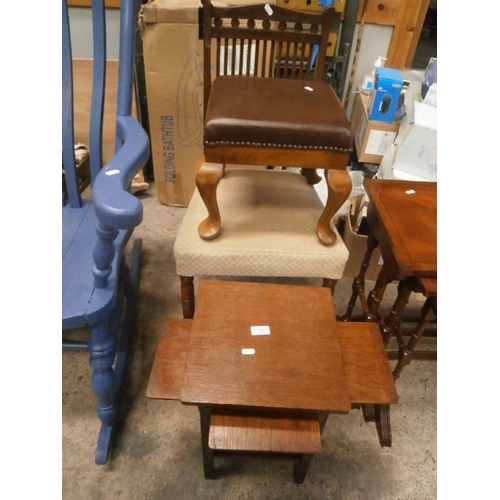 711 - A vintage upholstered chair, small stool and a small occasional table with sliding leaf extensions