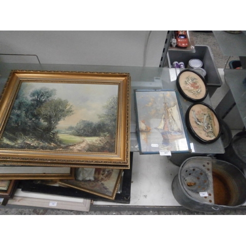 361 - Lot inc oil on board, ship painting in old metal frame and two tapestries