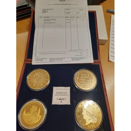 209 - Set of 4 giant gold plated coins all with C.O.As in wooden box