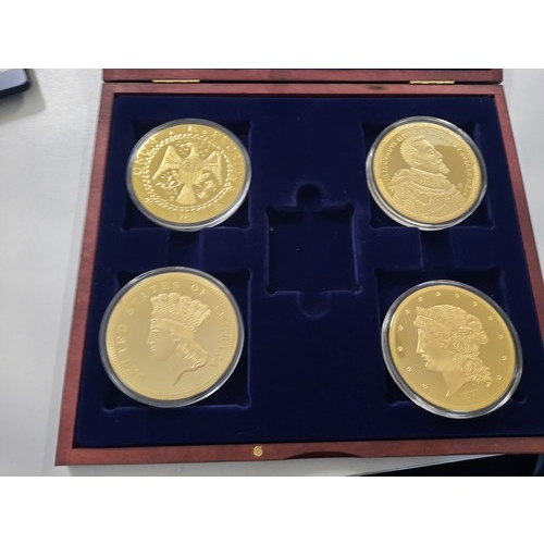 237 - Set of 4 gold giants gold plated coins all with C.O.As in wooden display case