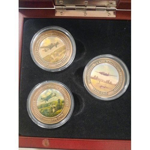 256 - Heroes of the sky antique finished gold plated medallion collection in wooden display case