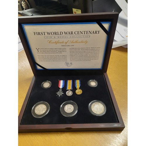 204 - The first world war centenary coin & medal collection with 3 medals & 5 coins inc half crown , Flori... 