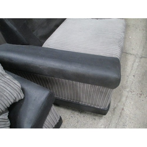 649 - 2 x black faux leather settees with fabric cushions