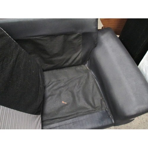 649 - 2 x black faux leather settees with fabric cushions