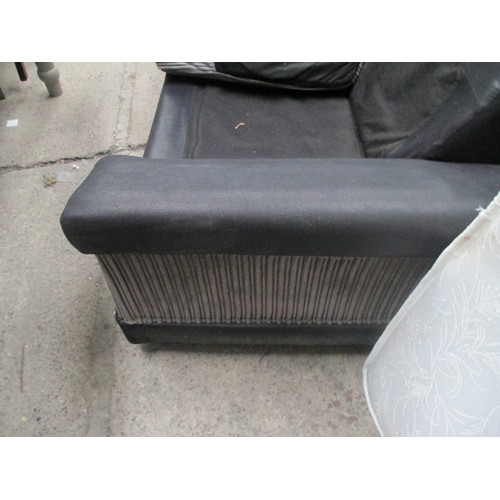 649 - 2 x black faux leather settees with fabric cushions