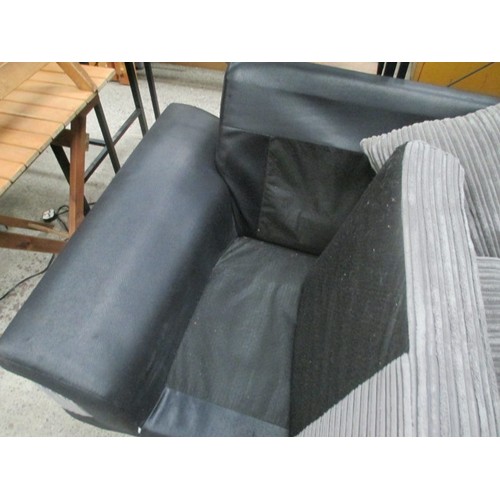 649 - 2 x black faux leather settees with fabric cushions