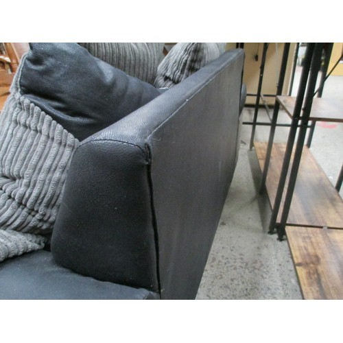 649 - 2 x black faux leather settees with fabric cushions