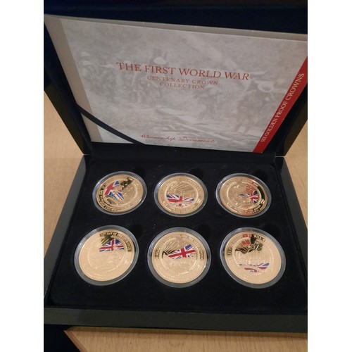 205 - The first world war centenary crown coin collection with six 24ct gold platted coins all with C.O.As