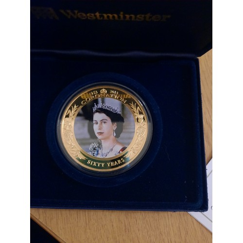 212 - Coronation jubilee of Her Majesty Queen Elizabeth II large 24ct gold plated 5 dollar coin with C.O.A