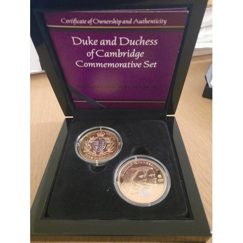 217 - Duke & Duchess of Cambridge Prince William & Catherine commemorative coin set with 2 gold plated coi... 