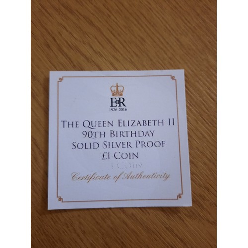 220 - Queen Elizabeth II 90th birthday sterling silver £1 coin with C.O.A