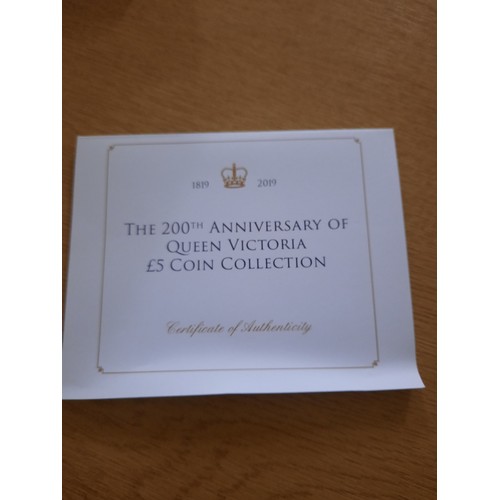 225 - The 200th anniversary of Queen Victoria silver plated £5 coin collection complete with 5 coins and C... 