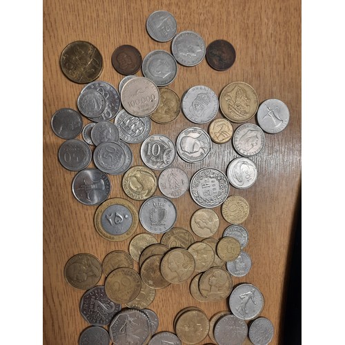 229 - Tub of various coins inc Kenya 5 shilling , Italian L.100 , Hong Kong 2 dollars etc