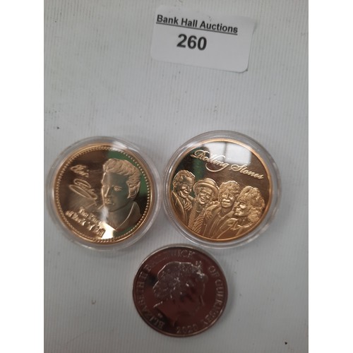 260 - 3 coins inc Elvis Presley , Rolling Stones & £5 coin