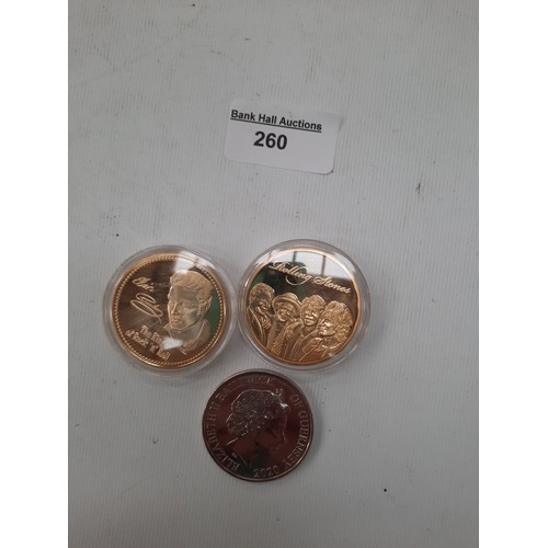 260 - 3 coins inc Elvis Presley , Rolling Stones & £5 coin