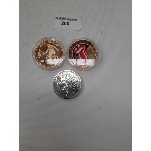 260 - 3 coins inc Elvis Presley , Rolling Stones & £5 coin